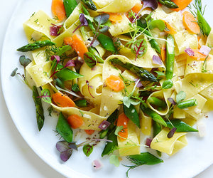Pappardelle Pasta with Spring Vegetables and Pea & Arugula Microgreens