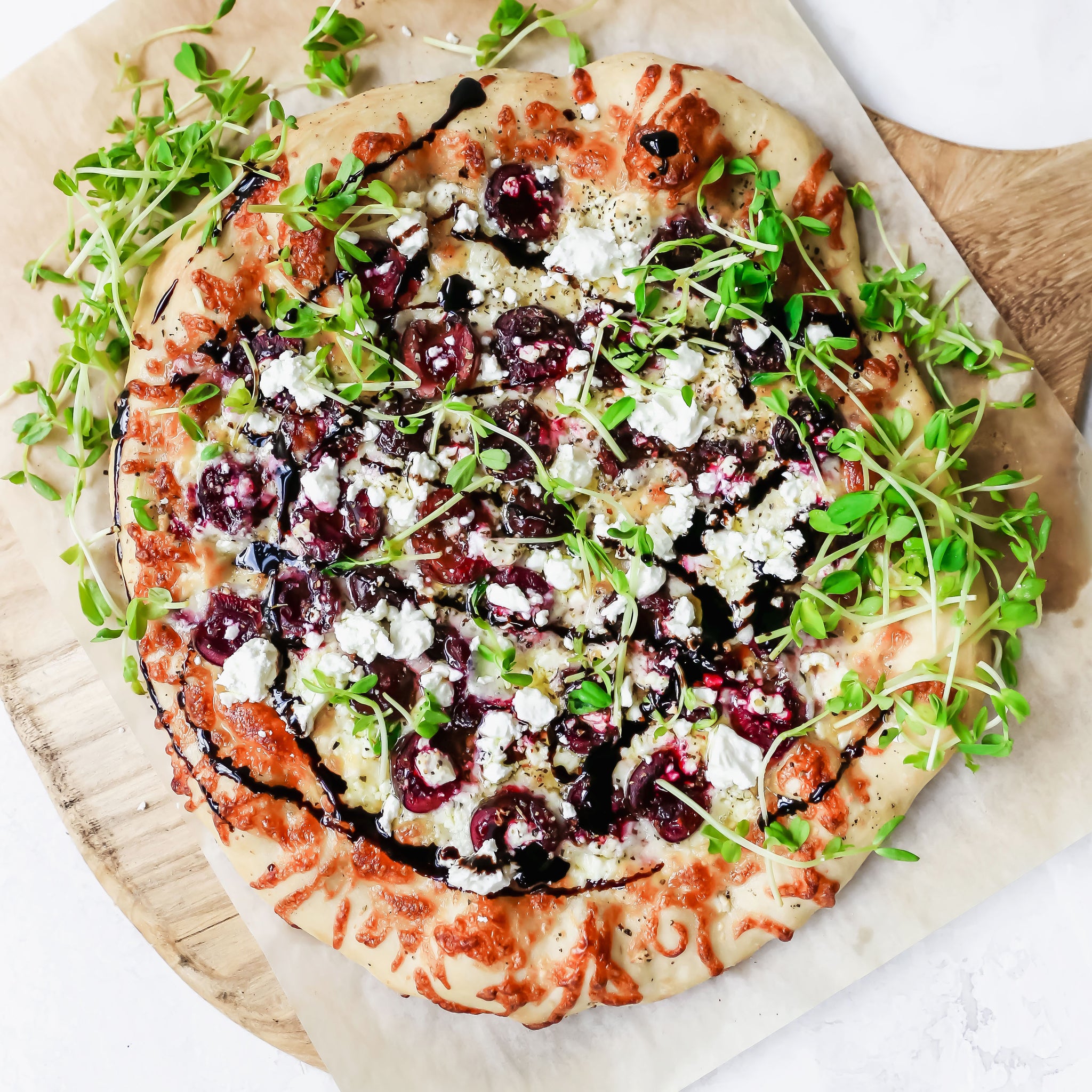 Summer Pizza with Cherries, Feta & Pea Shoots Microgreens